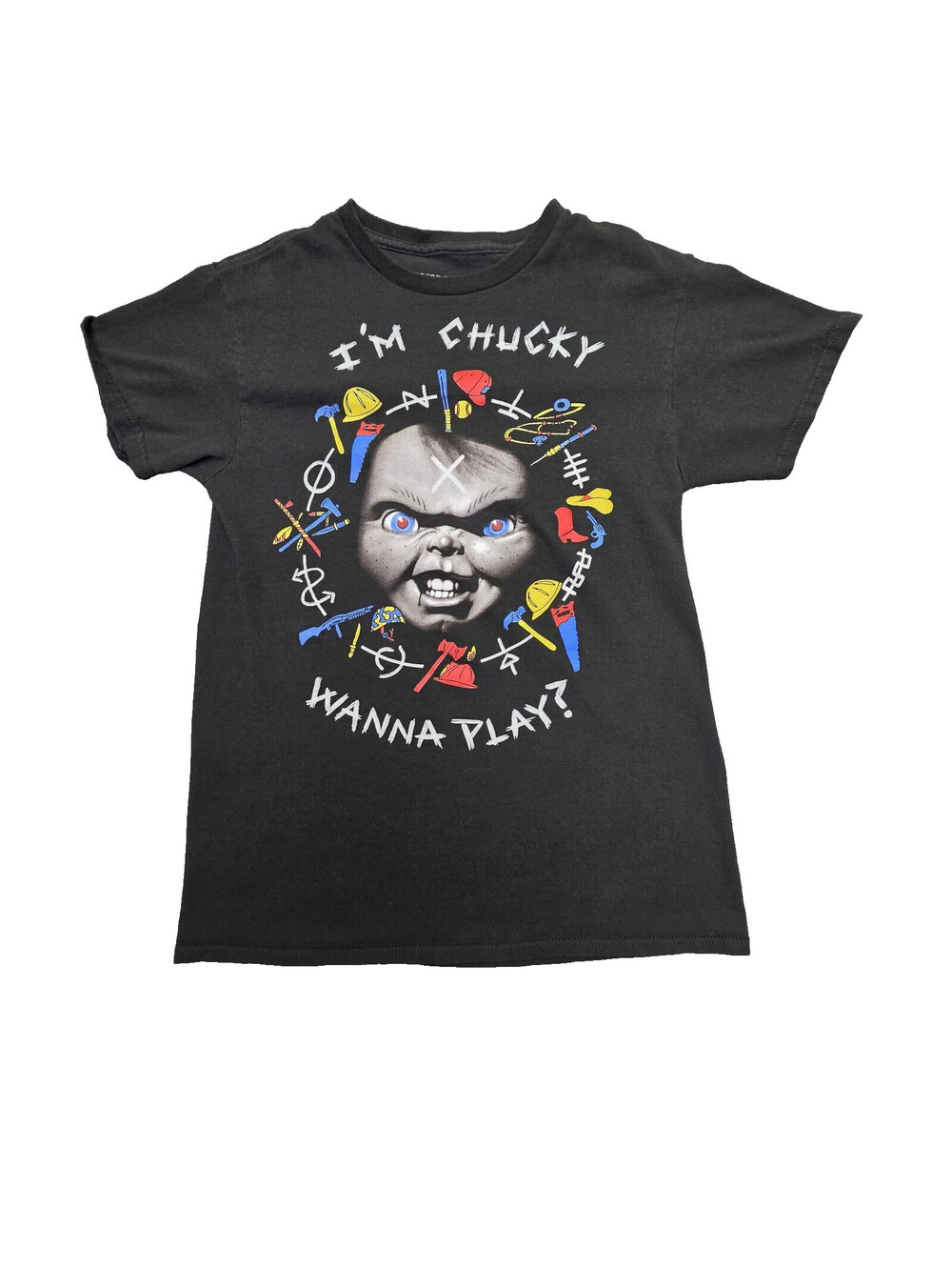 Chucky Wanna Play? Men's Black Graphic Crew Neck Cotton Jersey Tee Size S